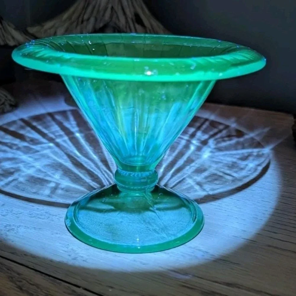 Vintage Aqua Blue Glass Footed Compote Pedestal Bowl Fluted Optic UV Reactive